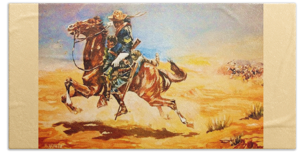 Troopers In Action Hand Towel featuring the painting A Friend in Need by Al Brown