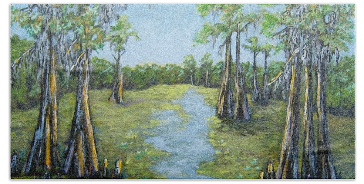 Louisiana Bayou Bath Towel featuring the painting A Good Day for Fishing by Suzanne Theis
