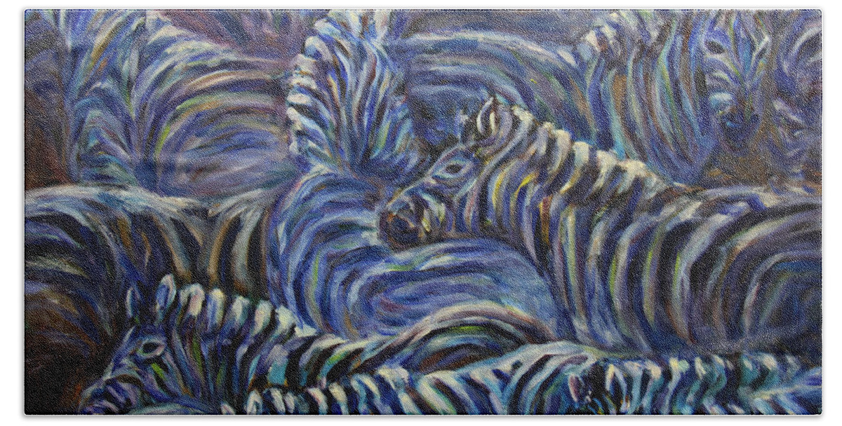 Zebras Hand Towel featuring the painting A Group of Zebras by Xueling Zou