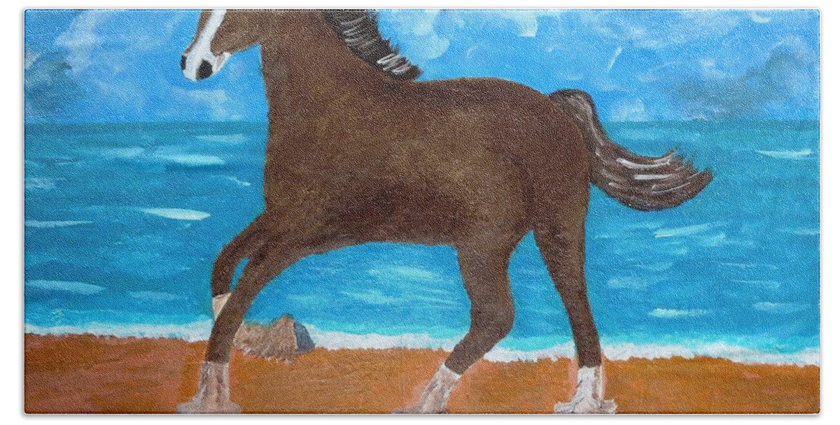 Horse Bath Towel featuring the painting A Horse On The Beach by Magdalena Frohnsdorff