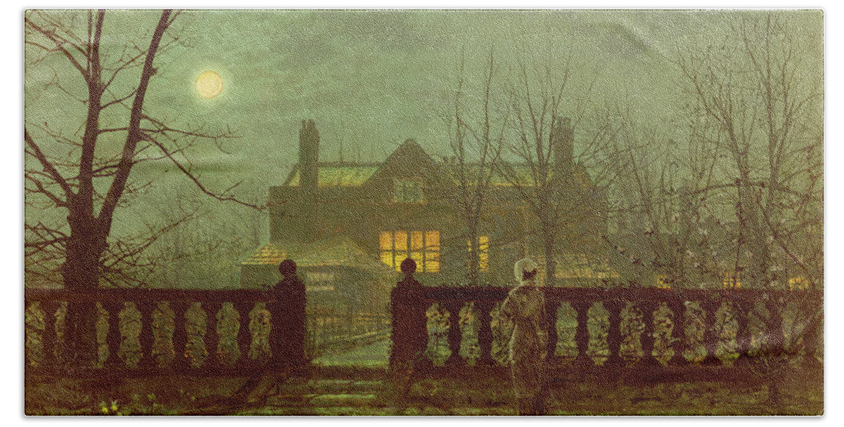 Grimshaw Hand Towel featuring the painting A Lady In A Garden By Moonlight by John Atkinson Grimshaw