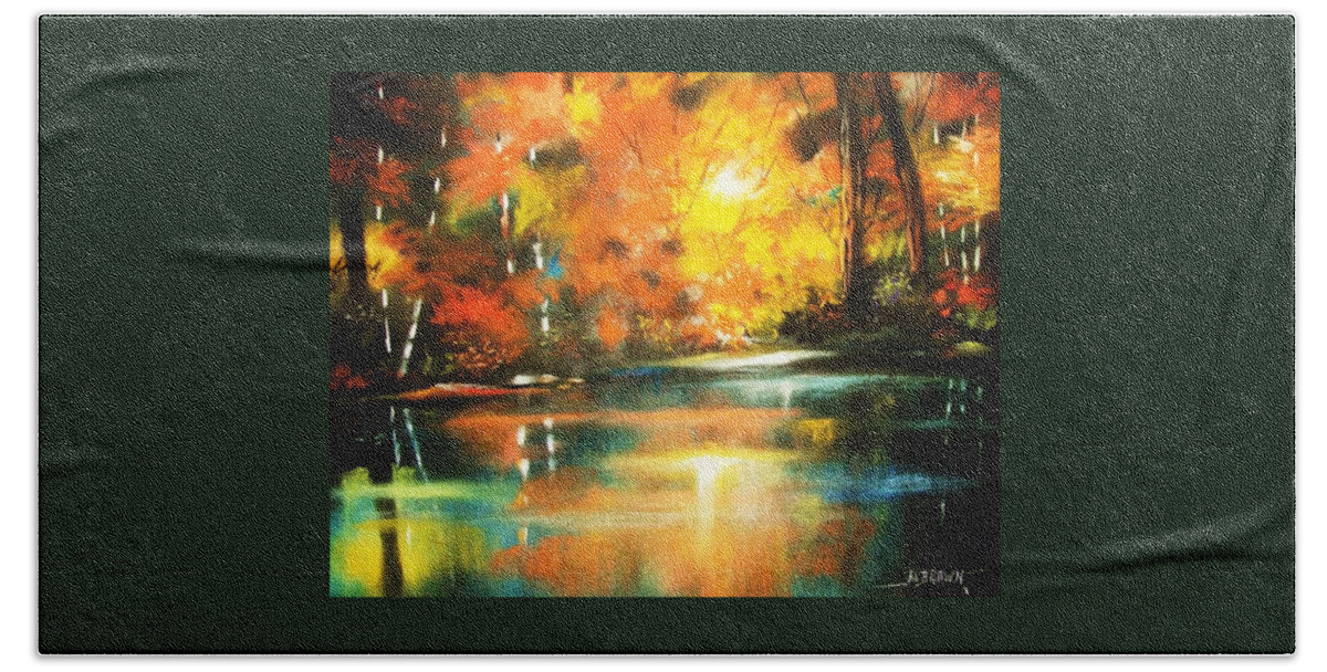 Forest Bath Towel featuring the painting Beaming Through the Forest by Al Brown