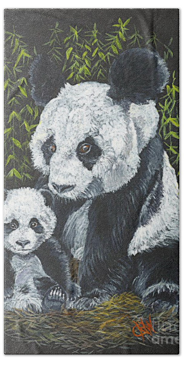 Panda Bath Towel featuring the painting A Mothers Devotion by Carol Wisniewski