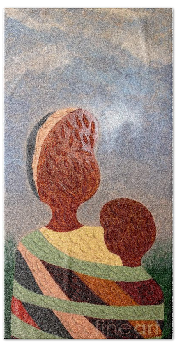 Prints Hand Towel featuring the mixed media A Mother's Love by Funmi Adeshina