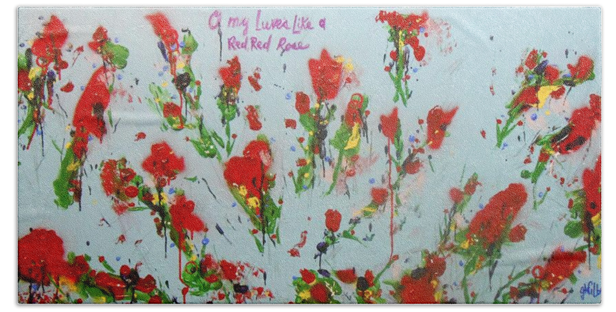 Abstract Hand Towel featuring the painting A Red Red Rose by GH FiLben