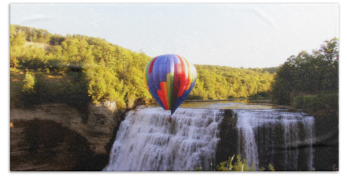 Hot Air Balloon Bath Towel featuring the photograph A Ride Over the Falls by Trina Ansel