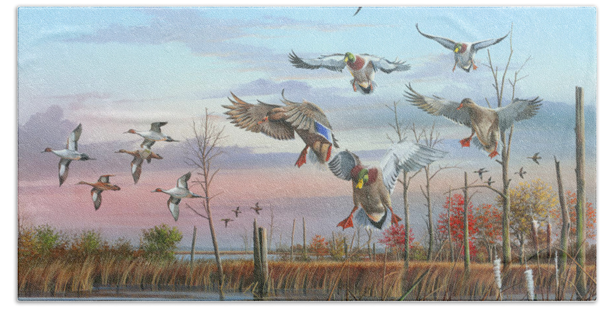 Mallards Hand Towel featuring the painting A Safe Return by Mike Brown