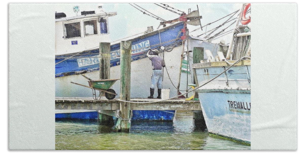Shrimp Boat Hand Towel featuring the photograph A Shrimper's Work Is Never Done by Patricia Greer