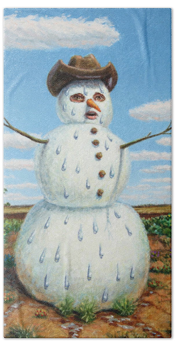 Snowman Hand Towel featuring the painting A Snowman in Texas by James W Johnson
