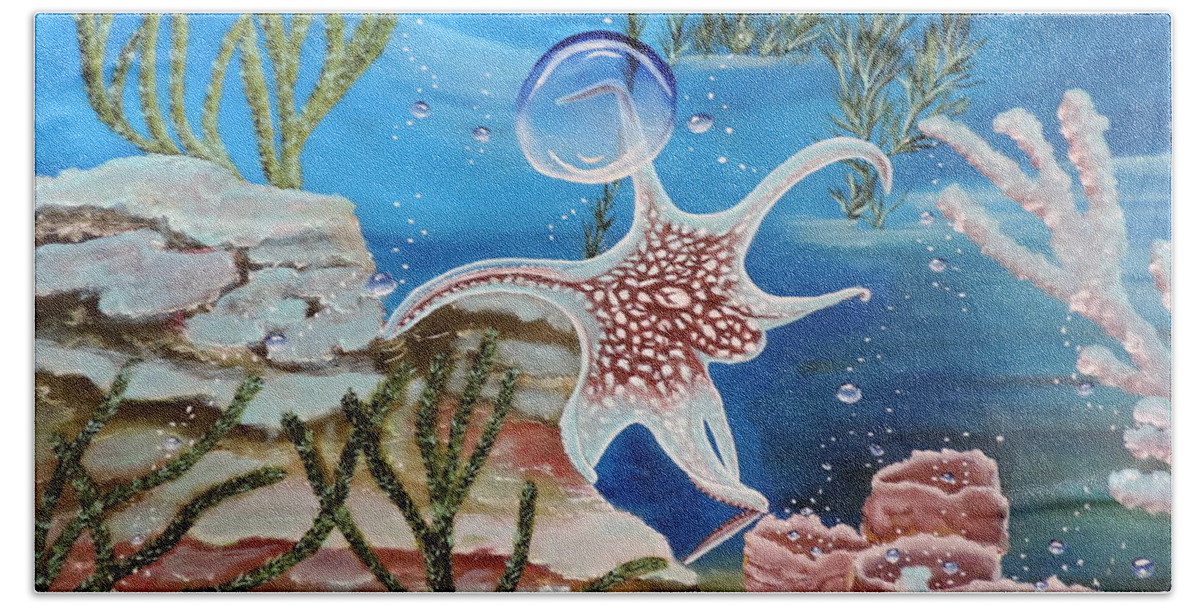 Blues Hand Towel featuring the painting A Squid Named Sid by Dianna Lewis