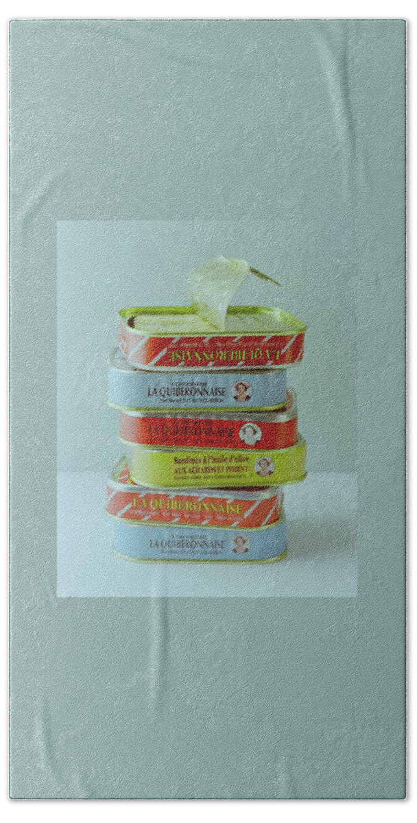 A Stack Of Cans Of Sardines Bath Towel