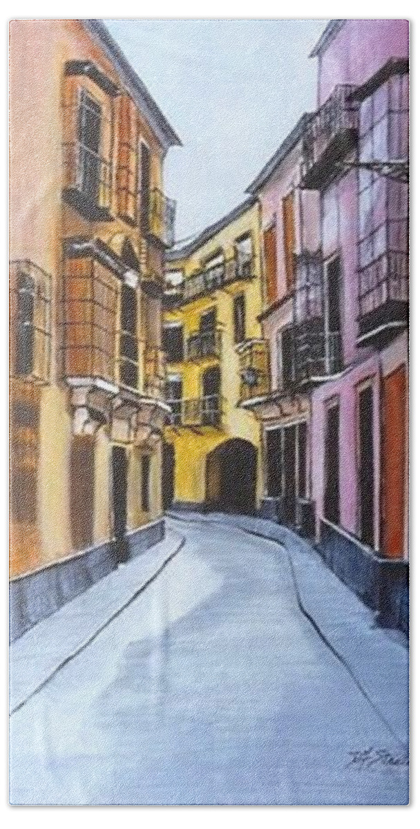 American Artists Hand Towel featuring the painting A Street in Seville Spain #1 by Diane Strain