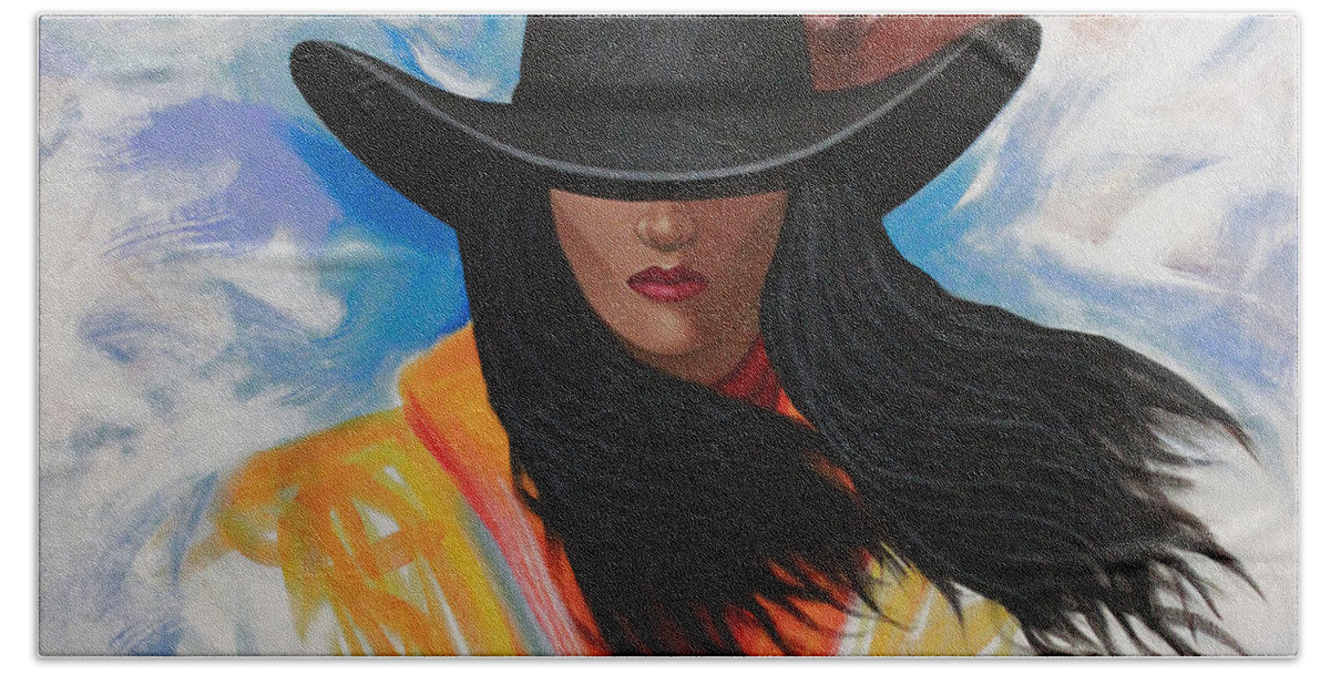 Cowgirl Bath Towel featuring the painting A Stroke Of Cowgirl by Lance Headlee