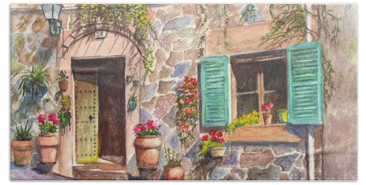 Watercolor Bath Towel featuring the painting A Townhouse in Majorca Spain by Carol Wisniewski