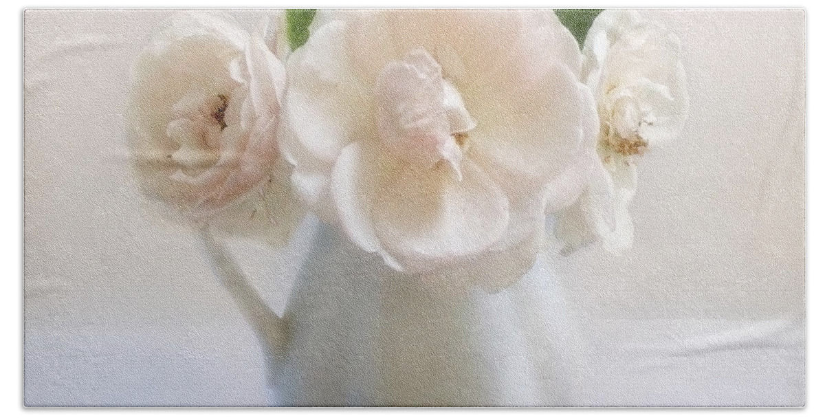 Rose Bath Towel featuring the photograph A Trio of Pale Pink Vintage Roses by Louise Kumpf