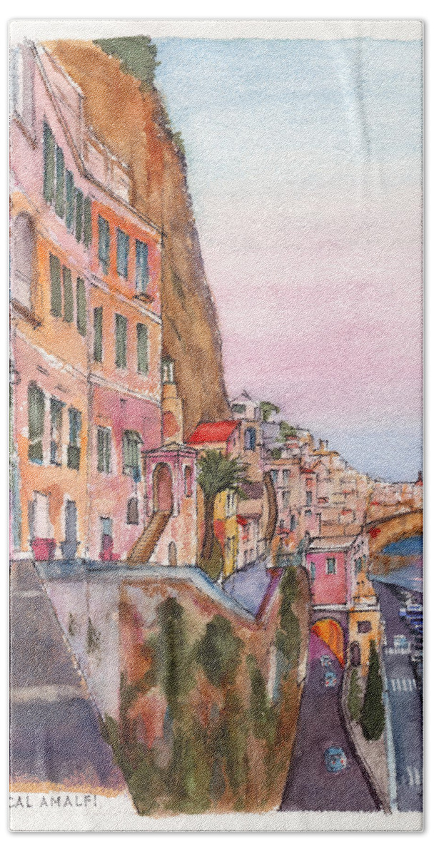 Amalfi Bath Sheet featuring the painting A vertical Amalfi at Sunset by Dai Wynn
