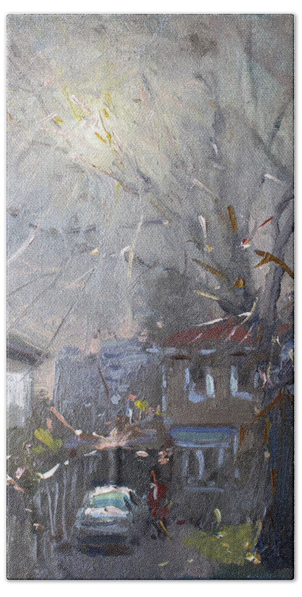 Winter Hand Towel featuring the painting A Hazy Winter Day by Ylli Haruni