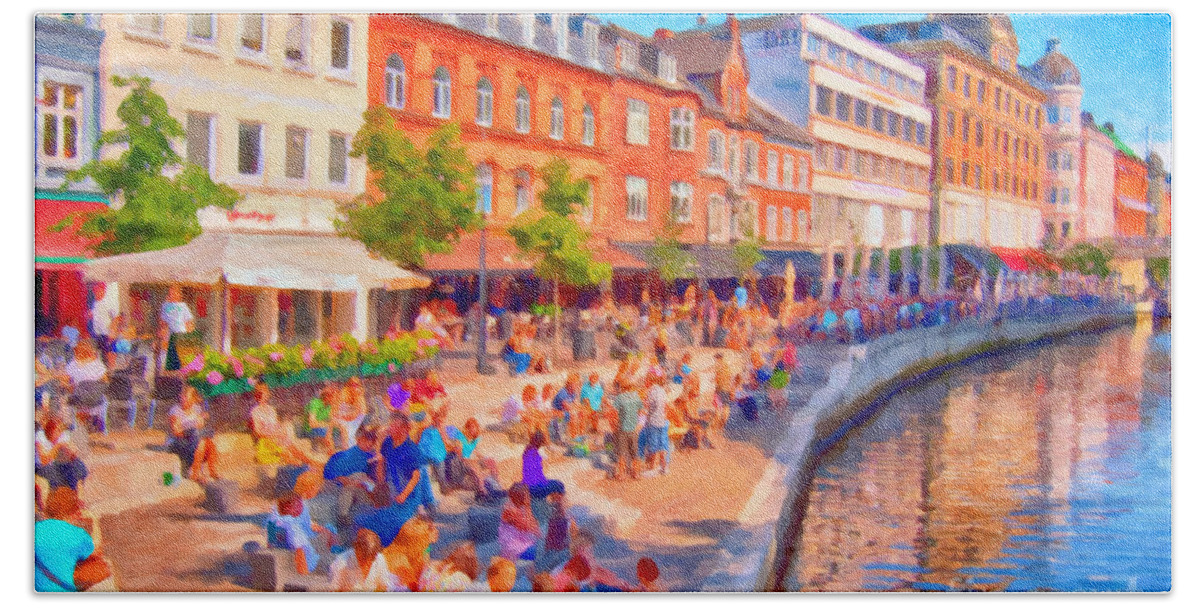 Aarhus Hand Towel featuring the painting Aarhus Canal Digital Painting by Antony McAulay