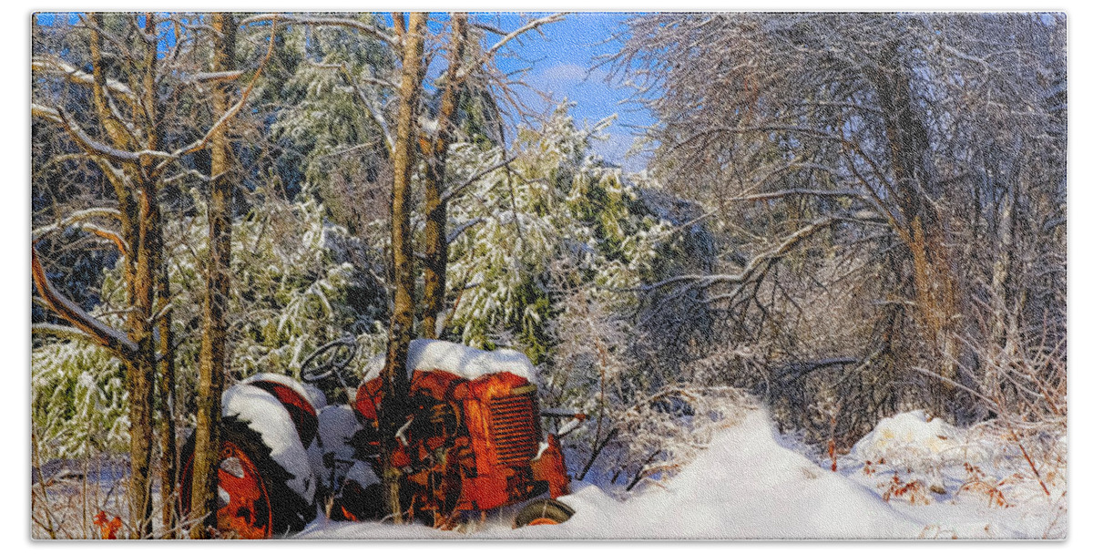 Maine Bath Towel featuring the photograph Abandoned Winter Tractor by Brenda Giasson