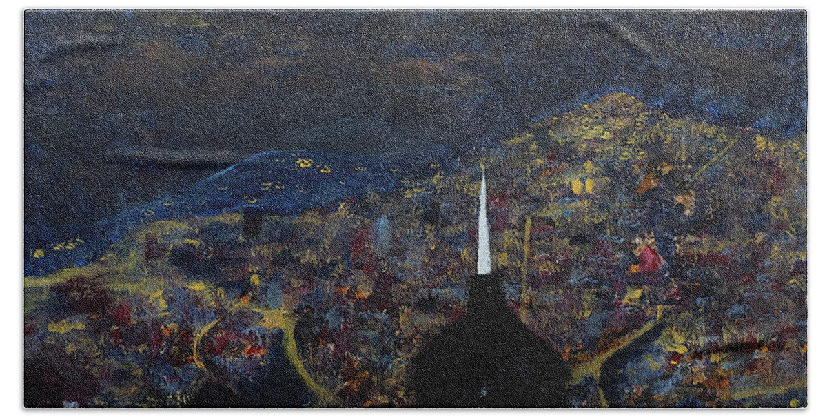 City Hand Towel featuring the painting Above the City at Night by Dick Bourgault