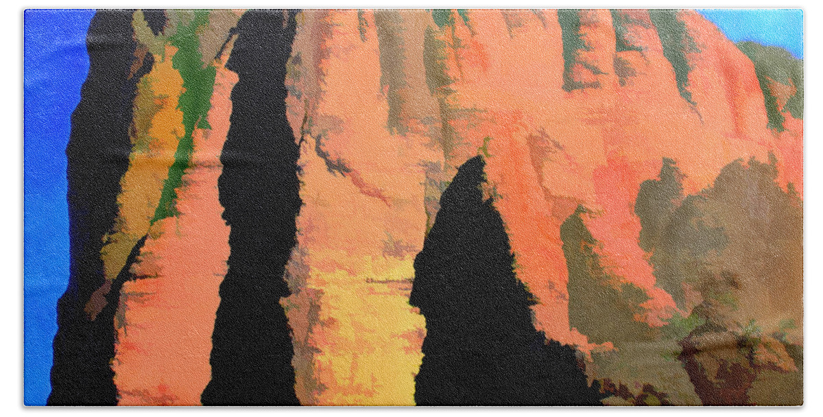 Mountains Abstract Arizona Peak Desert Southwest Impressionism Impressionistic Nature Trees Landscape Bath Towel featuring the painting Abstract Arizona Mountains at Sunset by Elaine Plesser
