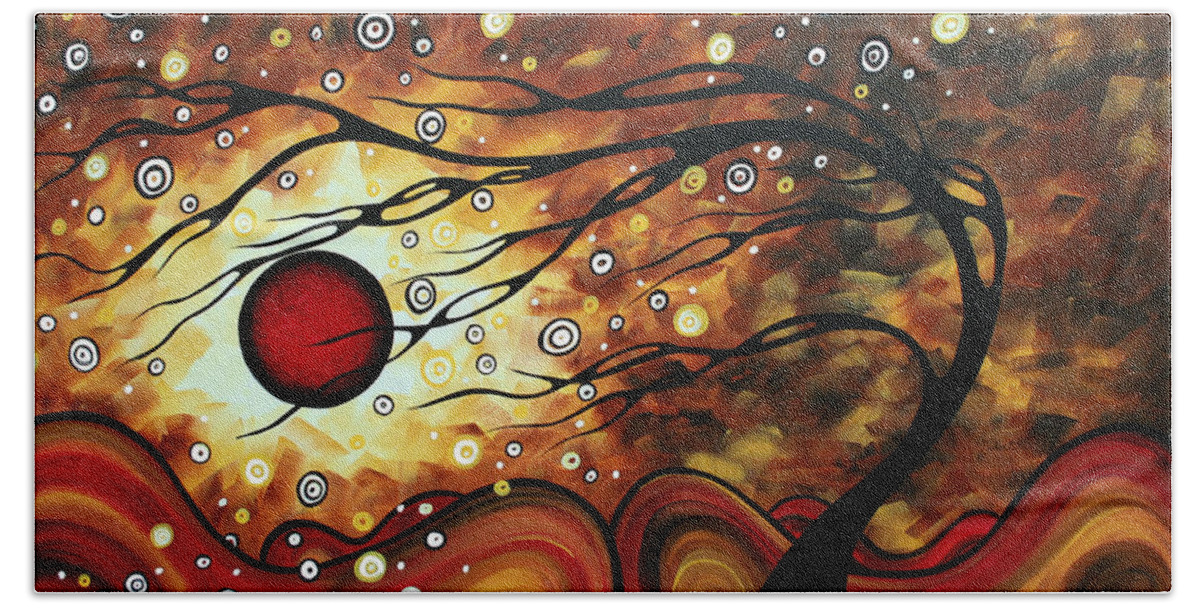 Abstract Hand Towel featuring the painting Abstract Art Original Circle Painting FLAMING DESIRE by MADART by Megan Aroon