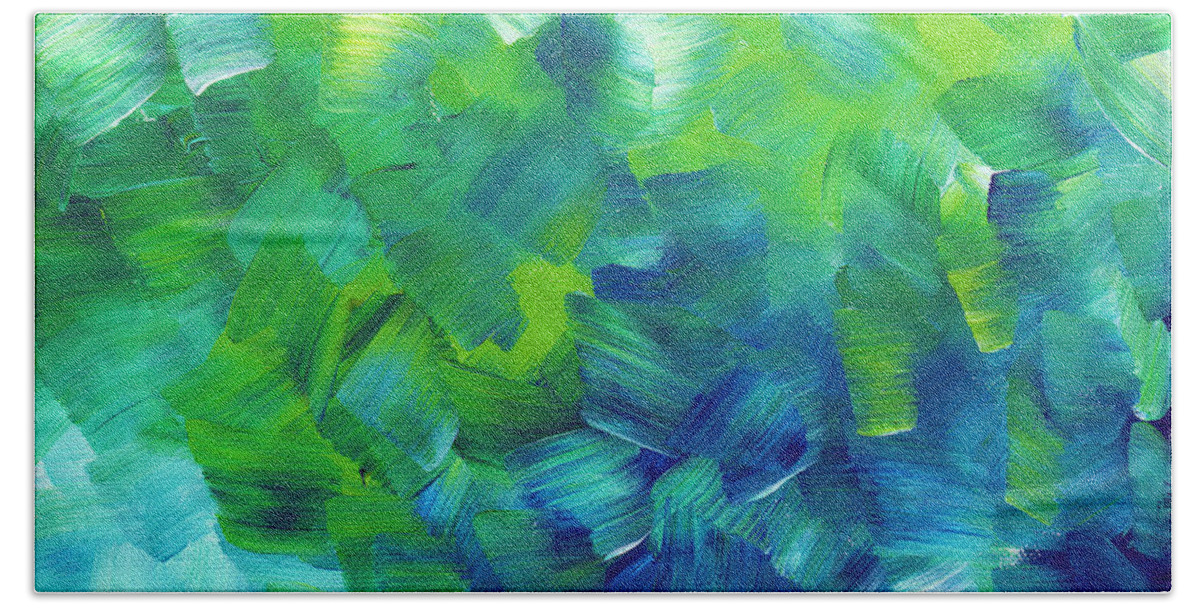Art Bath Sheet featuring the painting Abstract Art Original Textured Soothing Painting SEA OF WHIMSY I by MADART by Megan Aroon
