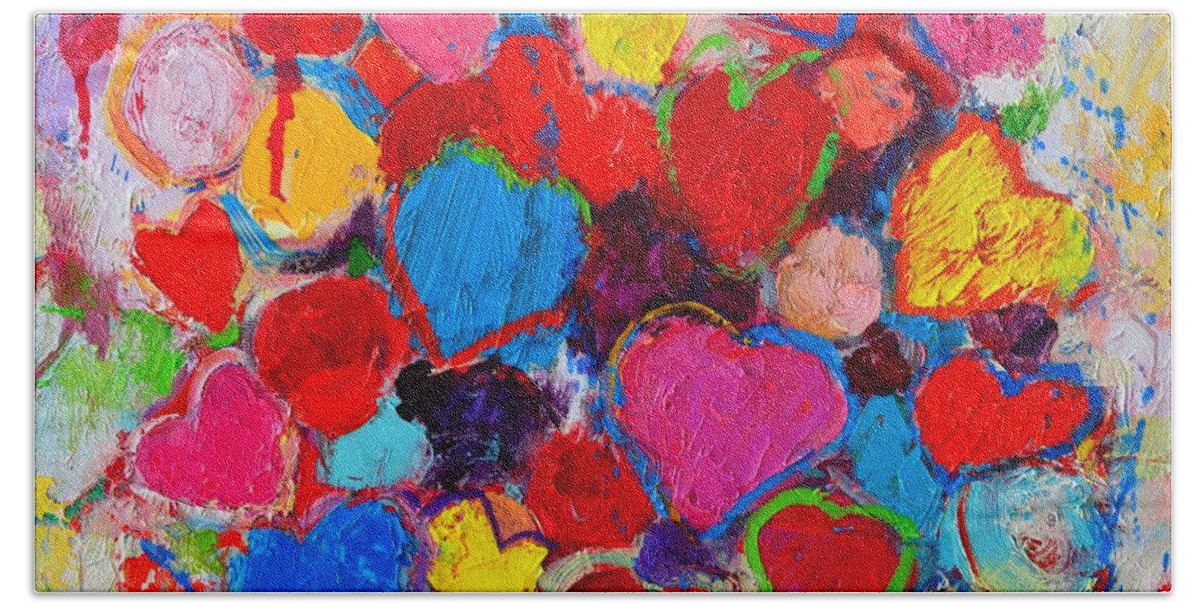 Hearts Hand Towel featuring the painting Abstract Love Bouquet Of Colorful Hearts And Flowers by Ana Maria Edulescu