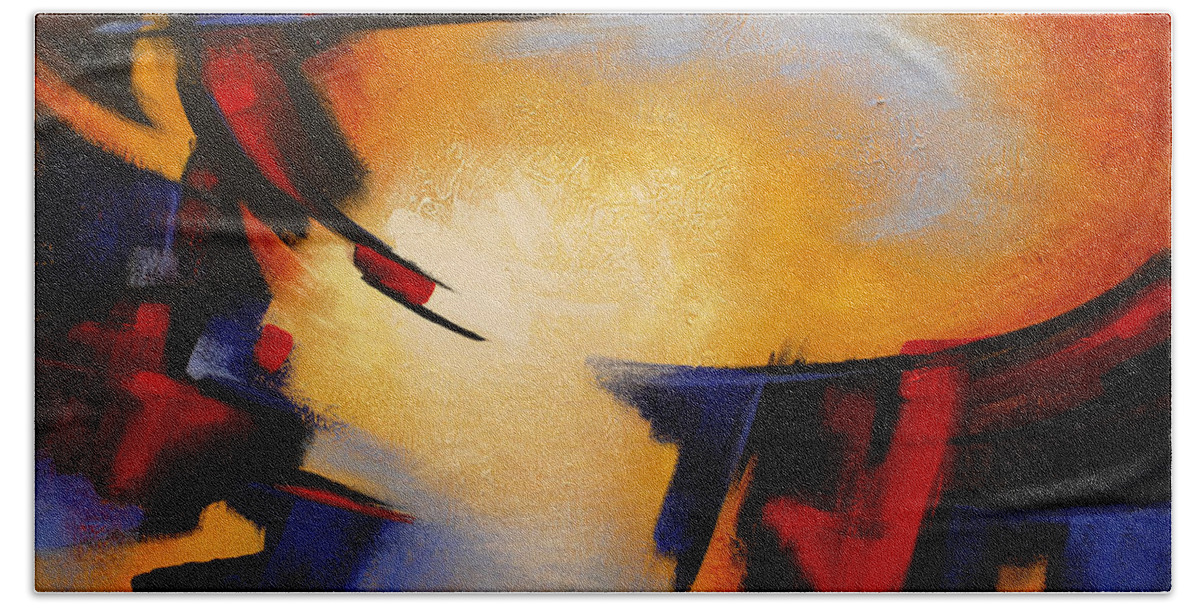 Abstract Bath Towel featuring the painting Abstract Red Blue Yellow by Glenn Pollard