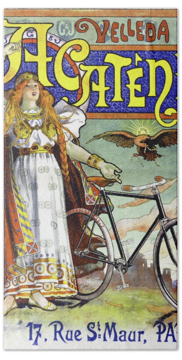 1898 Bath Towel featuring the painting Ad Bicycles, 1898 by Granger