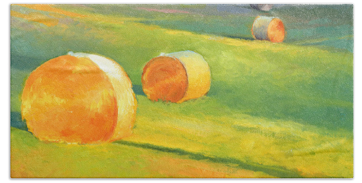 Nature Hand Towel featuring the painting Advance Mills Hall Bales by Catherine Twomey