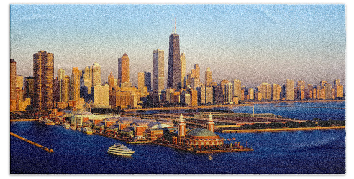 Photography Bath Towel featuring the photograph Aerial View Of A City, Navy Pier, Lake by Panoramic Images