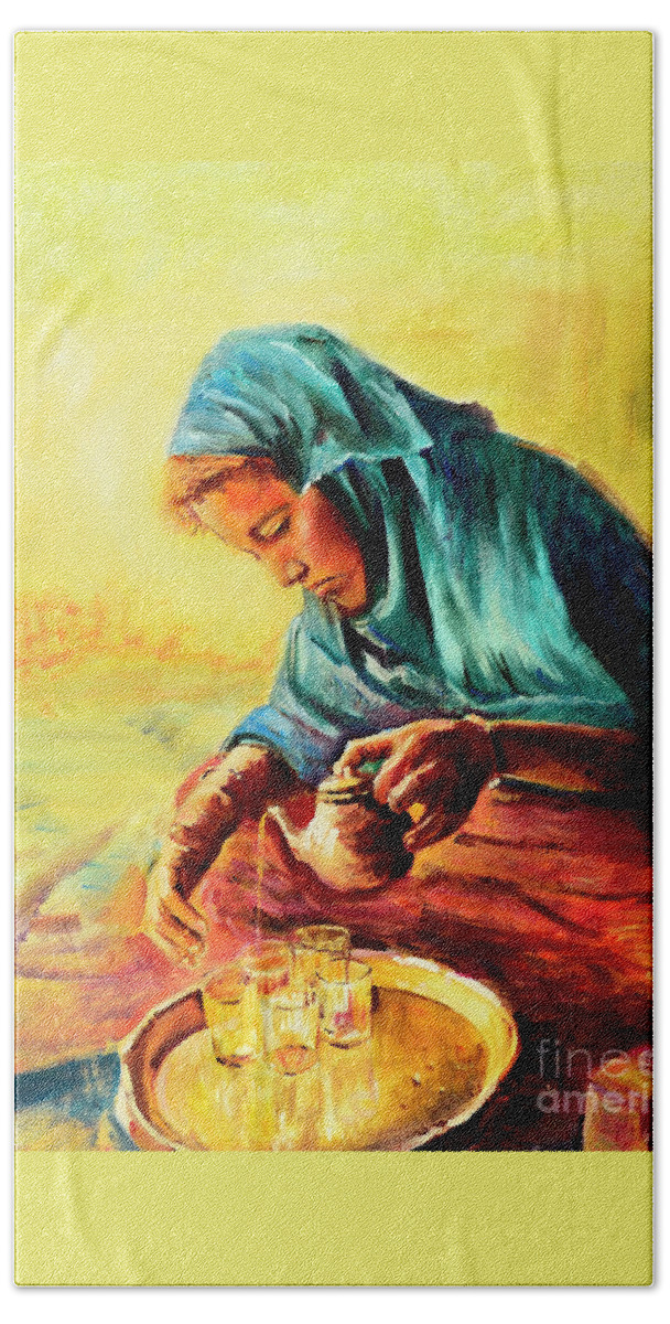 African Chai Tea Lady Painting Hand Towel featuring the painting African Chai Tea Lady by Sher Nasser Artist