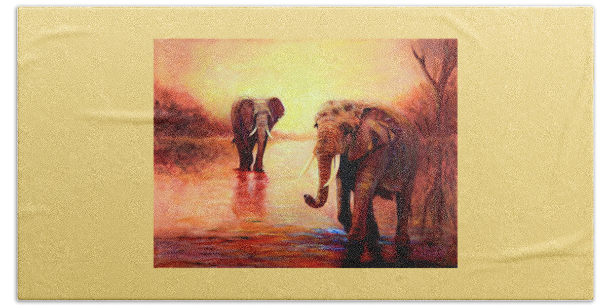 African Elephants Hand Towel featuring the painting African Elephants at Sunset in the Serengeti by Sher Nasser