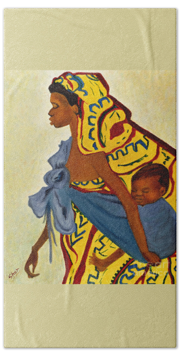 Africa Hand Towel featuring the painting Mama Toto African Mother and Child by Sher Nasser