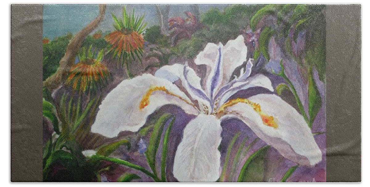 African White Iris Bath Sheet featuring the painting African White Iris by Lynn Maverick Denzer
