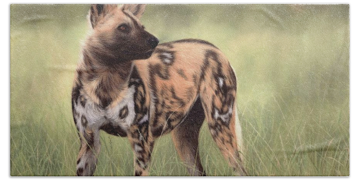 Wild Dog Bath Towel featuring the painting African Wild Dog Painting by Rachel Stribbling