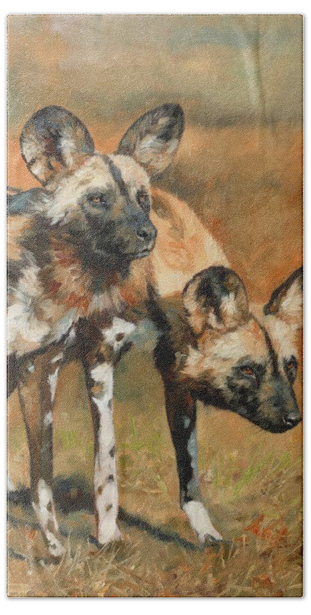 Wild Dogs Hand Towel featuring the painting African Wild Dogs by David Stribbling