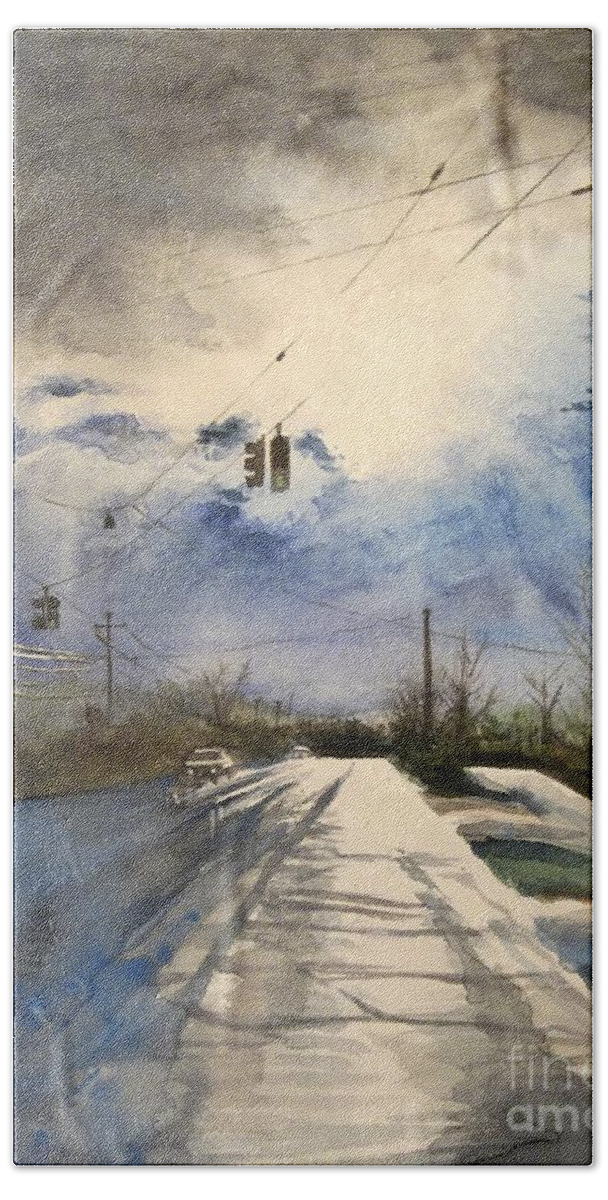 Road Hand Towel featuring the painting After Rain -on the Michigan Ave. Saline Michigan by Yoshiko Mishina