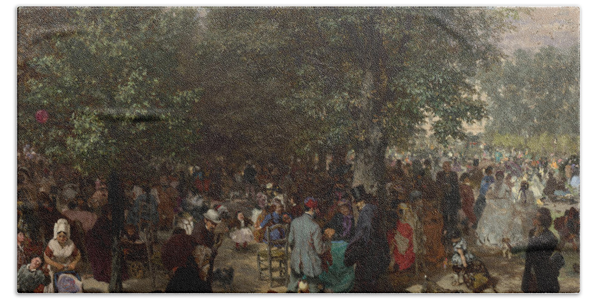 Adolph Menzel Bath Towel featuring the painting Afternoon in the Tuileries Gardens by Adolph von Menzel