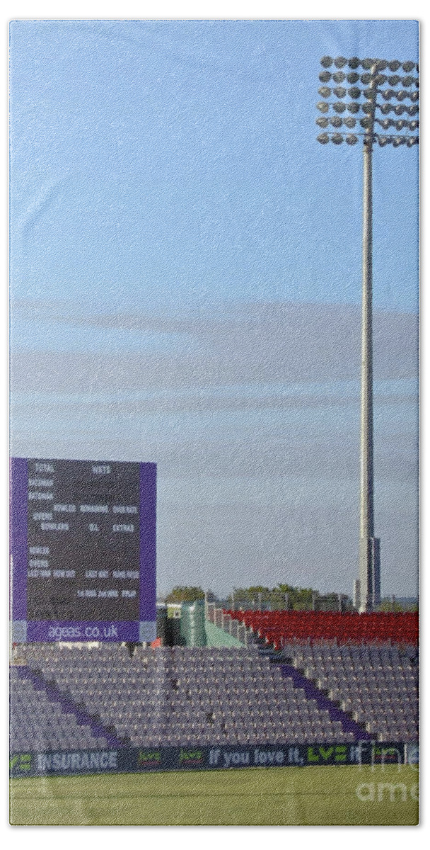 Floodlight Bath Towel featuring the photograph Ageas Bowl Score Board and Floodlights Southampton by Terri Waters