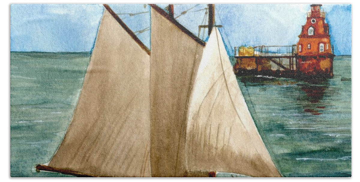 Ship John Shoal Lighthouse Bath Towel featuring the painting AJ Meerwald Passing Ship John Shoal Lighthouse by Nancy Patterson
