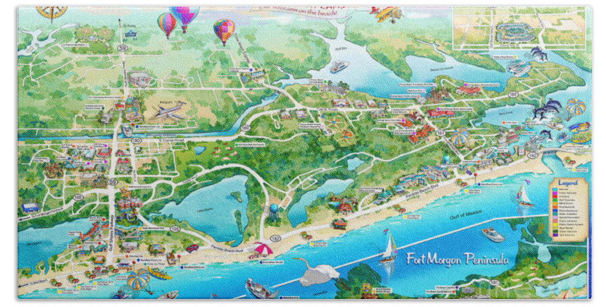 Alabama Beach Illustrated Map Bath Towel featuring the painting Alabama Beach Illustrated Map by Maria Rabinky