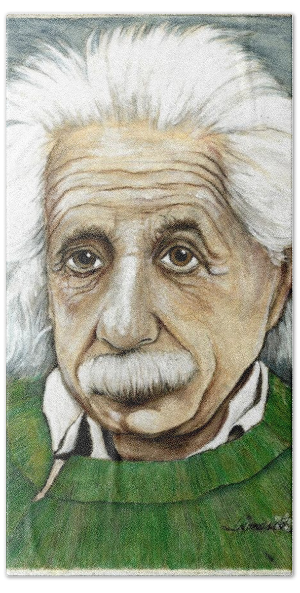 Albert Einstein Hand Towel featuring the drawing Albert Einstein by James Oliver