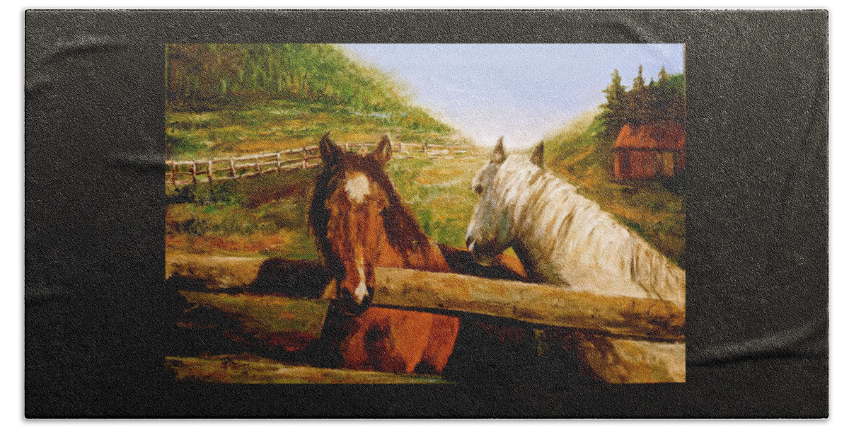 Horses Bath Towel featuring the painting Alberta Horse Farm by Sher Nasser