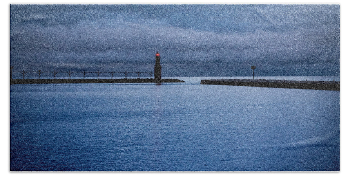 Lighthouse Bath Towel featuring the photograph Algoma's Blue Hour by Bill Pevlor