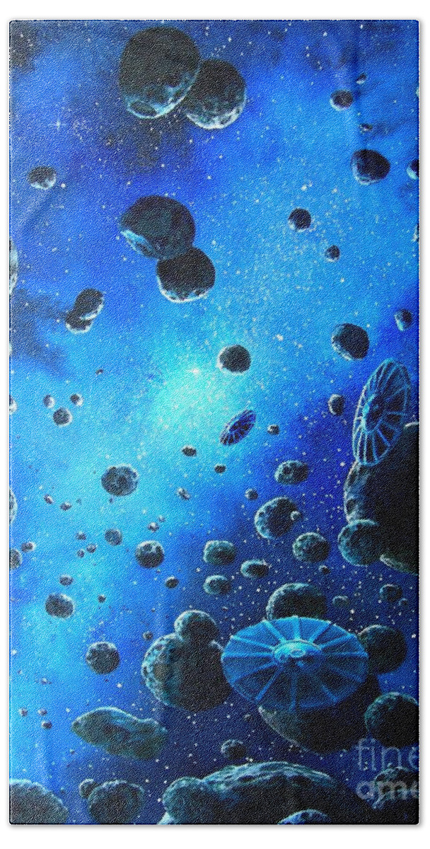 (space Ships) Hand Towel featuring the painting Alien Flying Saucers by Murphy Elliott