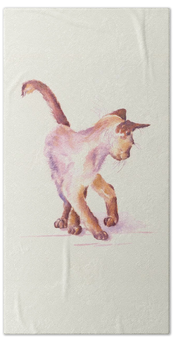 Cats Hand Towel featuring the painting Siamese Kitten - All Legs and Mischief by Debra Hall