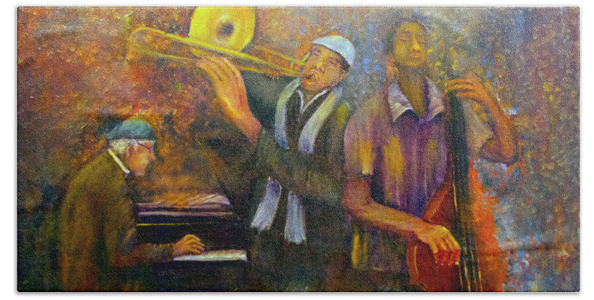 Music Bath Towel featuring the painting All That Jazz by Loretta Luglio