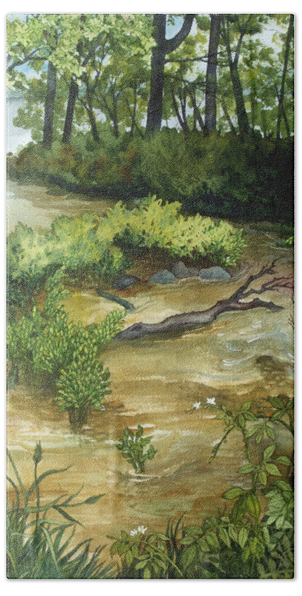 Plein Air Hand Towel featuring the painting Allequash Creek on Trout Lake by Helen Klebesadel